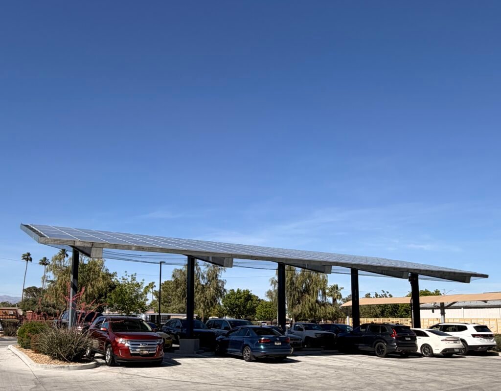 solar carport with a blue sky in the background